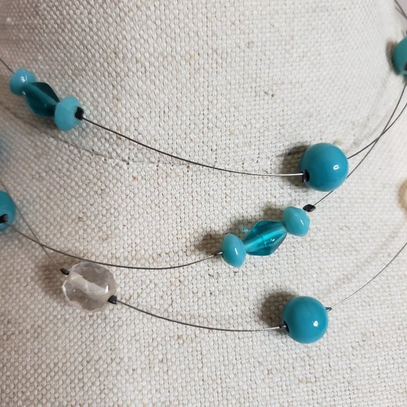 Aqua Bead and Wire Triple Strand Necklace - Picture 2 of 2